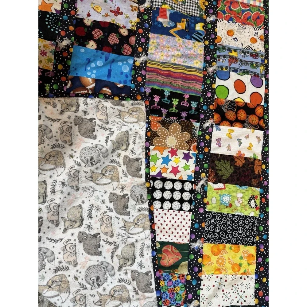 Handmade Patchwork‎ Tied Quilt Multi Pattern Sports Animals Woodland Backing